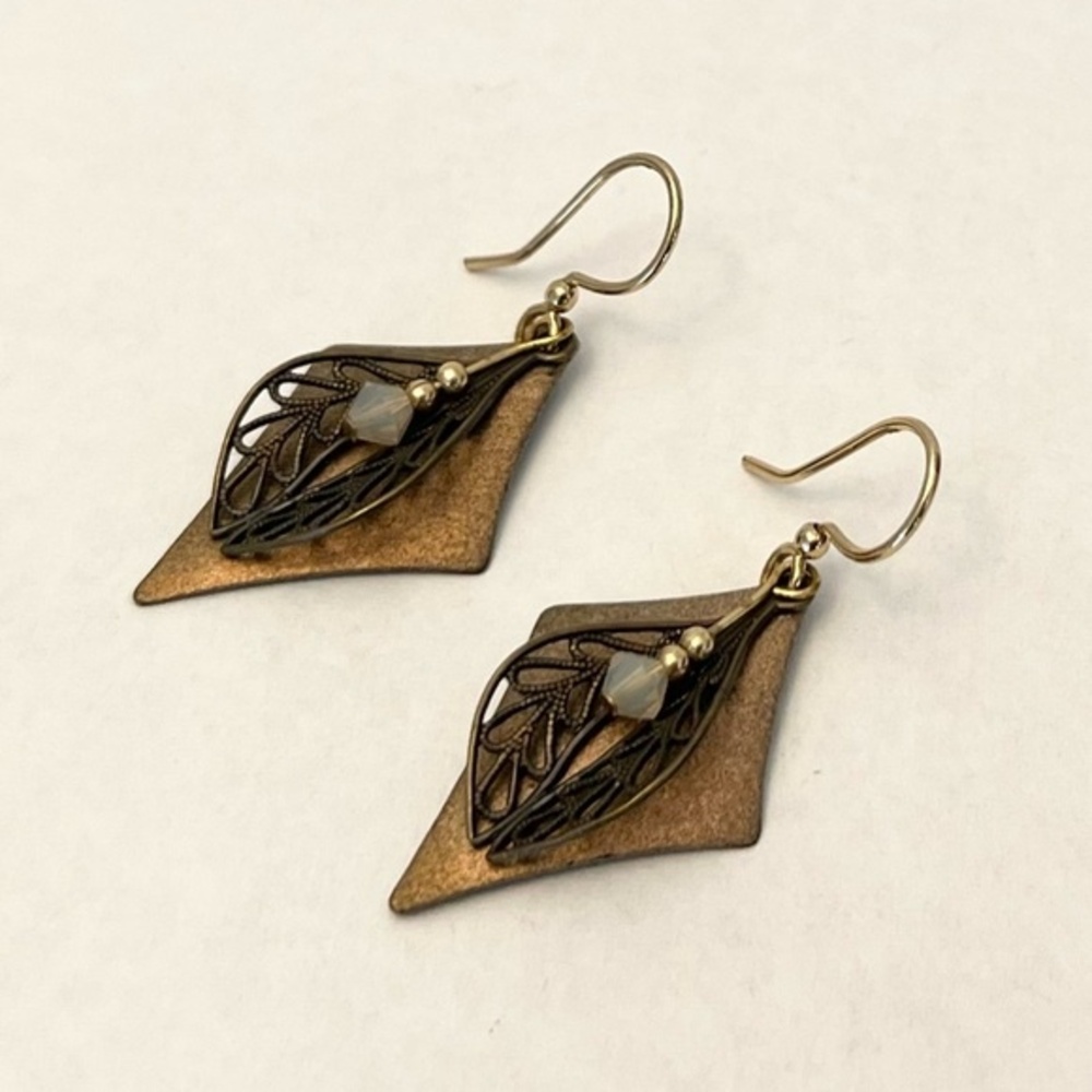 Vintage Drop Earrings Bronze Beaded Layered Gold Tone Dangles